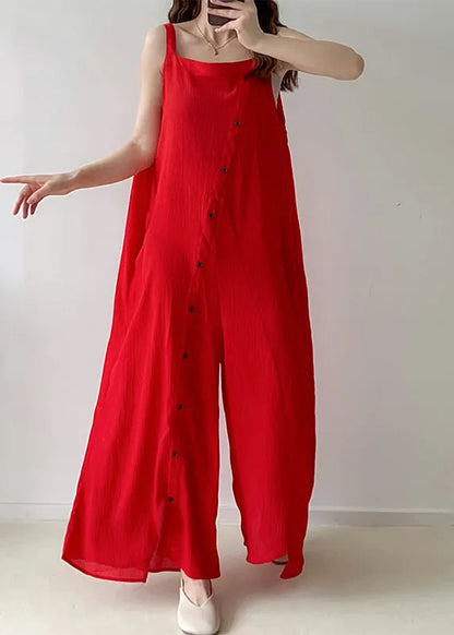 Red Asymmetrical Single Breaasted Chiffon Jumpsuits Fall