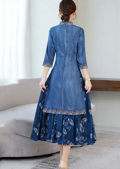 Blue Mandarin Collar Embroideried Patchwork Cotton Denim Fake Two Piece Dress Half Sleeve