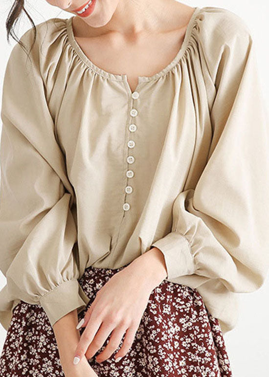 Apricot O Neck Wrinkled Button Cotton Blouse Top Lantern Sleeve