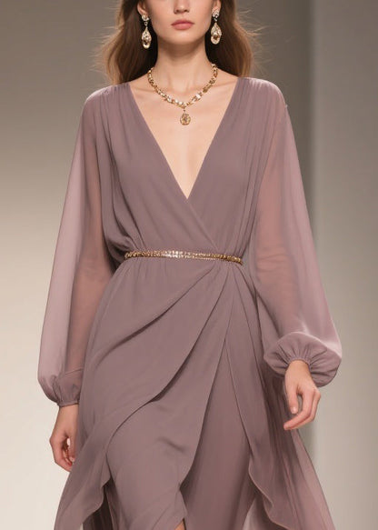Soft Misty Lavender Gray Low High Design Chiffon Dress V Neck Summer