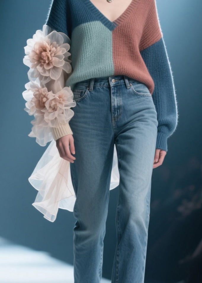 Colorblock V Neck Knit Pullover Fall