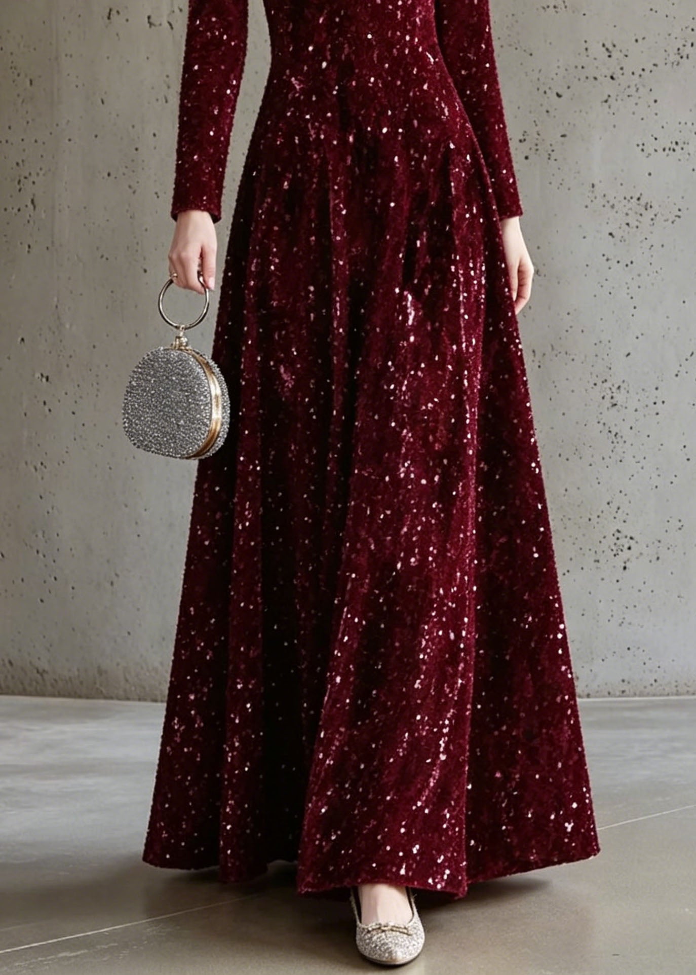 Italian Mulberry Stand Collar Sequins Maxi Dress Long Sleeve
