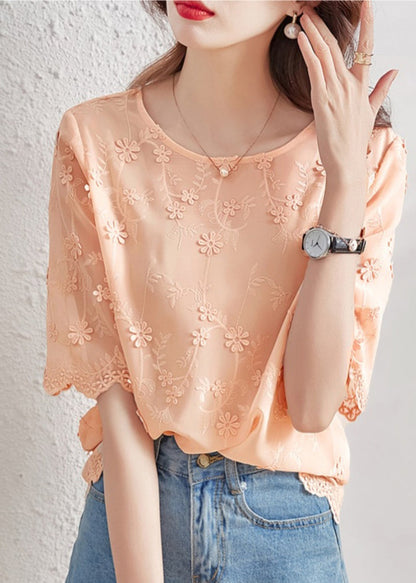 Vogue O-neck Embroidered Chiffon Shirt Short Sleeve