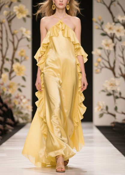 Yellow Ruffles Cold Shoulder Silk Halter Dress Summer