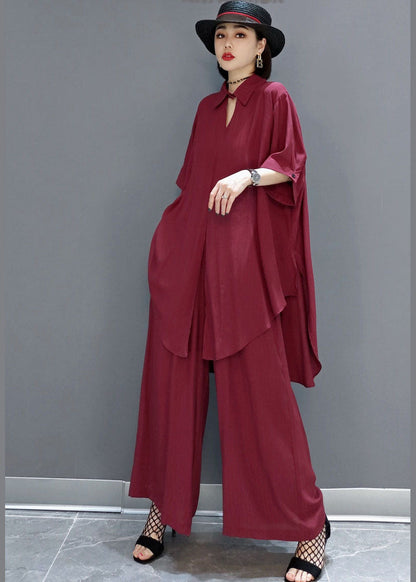 Red Peter Pan Collar Shirt Wide Leg Pants Satin Two Pieces Set Spring