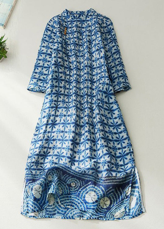 Chinese Style Blue Button Print Pockets Linen Dresses Half Sleeve Summer