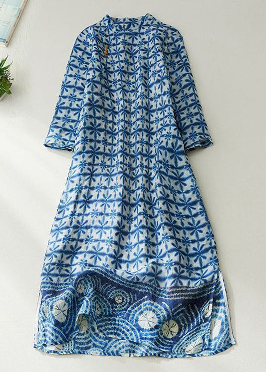 Chinese Style Blue Button Print Pockets Linen Dresses Half Sleeve Summer