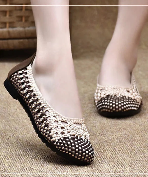 Handmade Pointed Toe Flat Shoes for Beige Chocolate Knit Fabric Flats