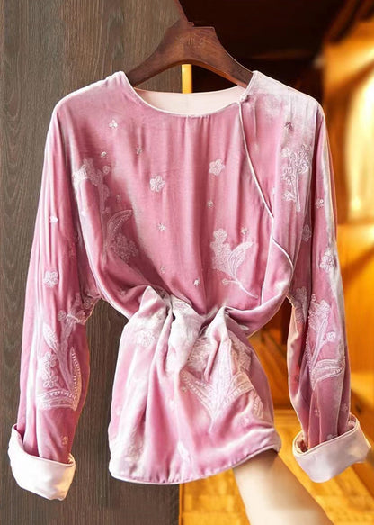 Loose Black Embroideried Side Open Silk Velour Top Fall