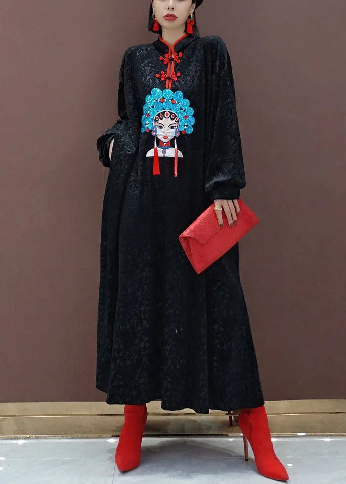 Black Oriental Velour Long Dresses Spring