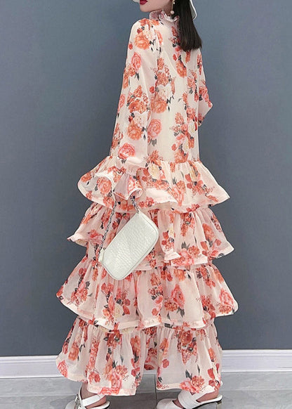 Pink Ruffled Print Layered Chiffon Long Dresses Long Sleeve