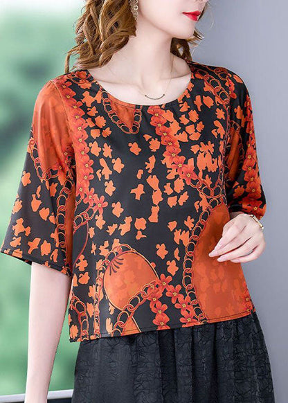 Orange O-neck Print Silk Shirt Top Short Sleeve