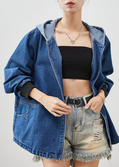Blue Hooded Patchwork Denim Jackets Spring