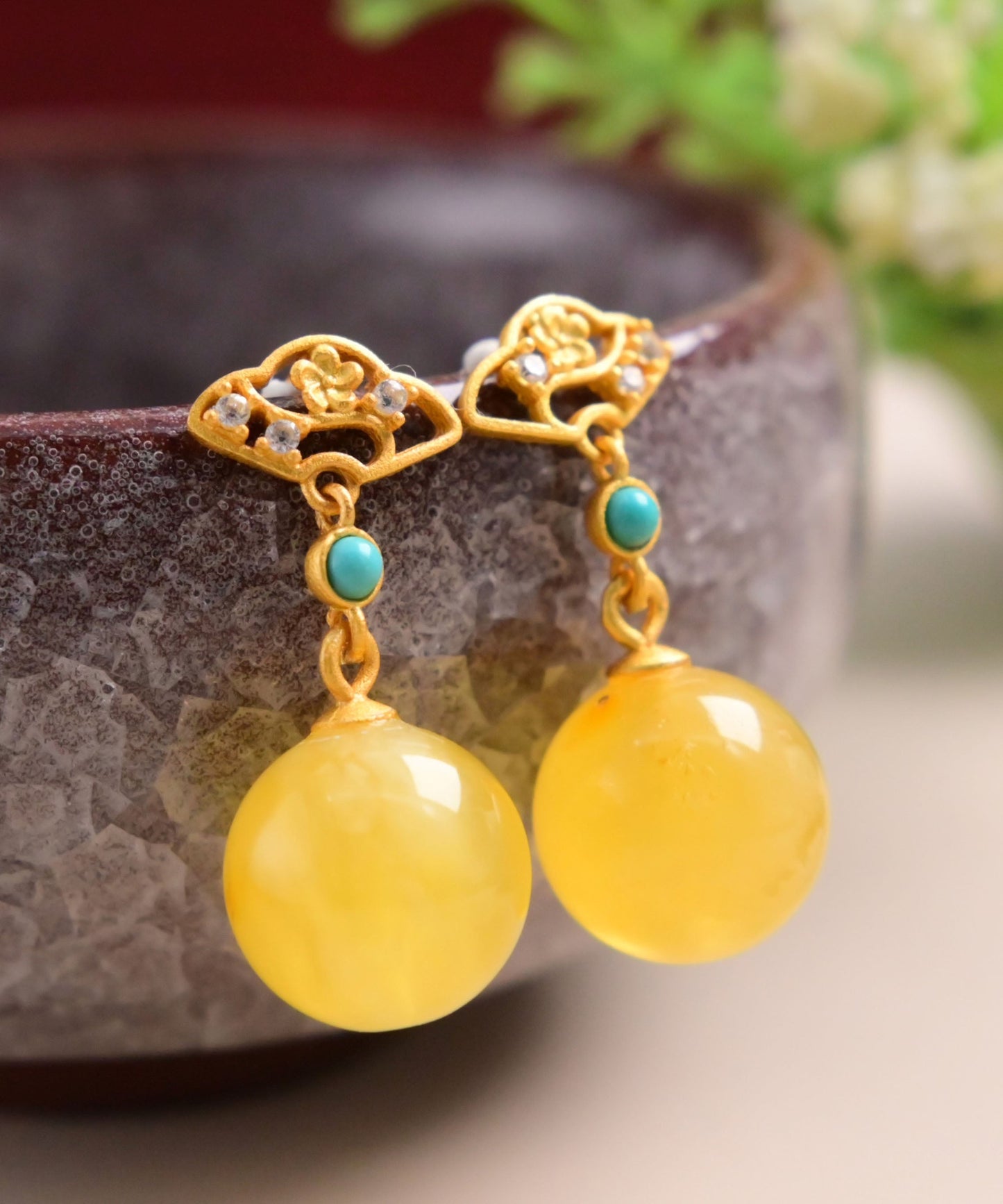 Yellow Sterling Silver Overgild Turquoise Beeswax Drop Earrings