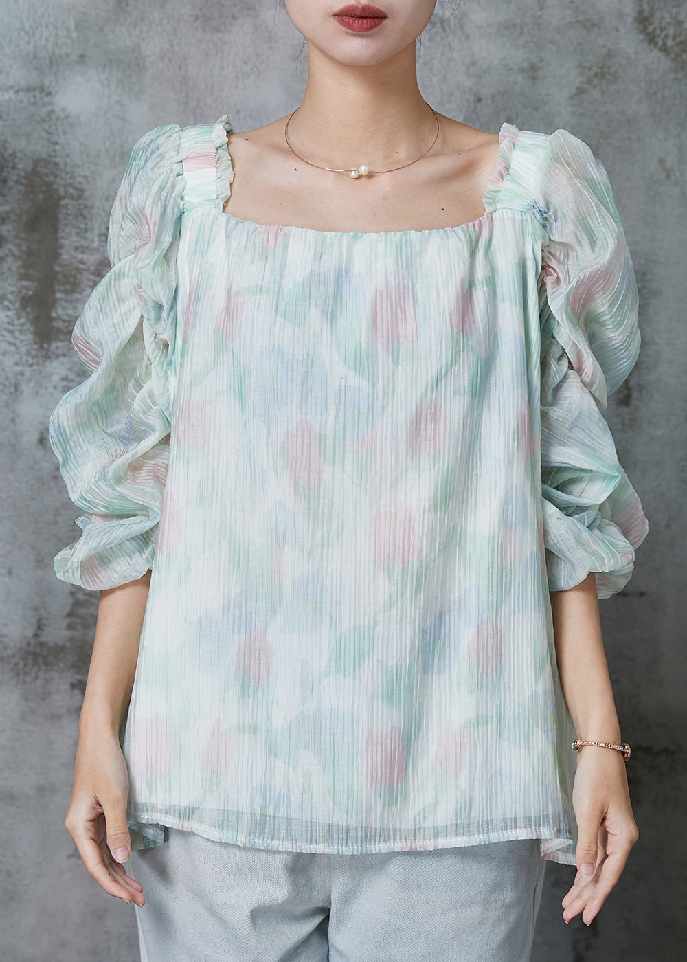 Light Green Square Collar Puff Sleeve Chiffon Blouses