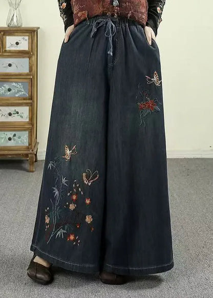 Style Warm Fleece Embroidered Denim Wide Leg Pants