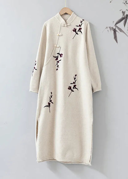 Apricot Stand Collar Embroideried Patchwork Woolen Knit Dress Fall