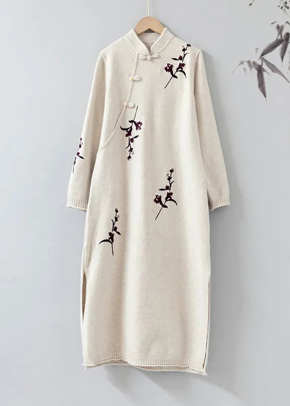 Apricot Stand Collar Embroideried Patchwork Woolen Knit Dress Fall