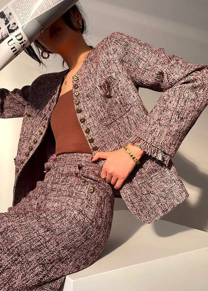 Boutique Light Purple O-neck Tassel Button Cotton Coats and Skirts Two-piece Set Fall