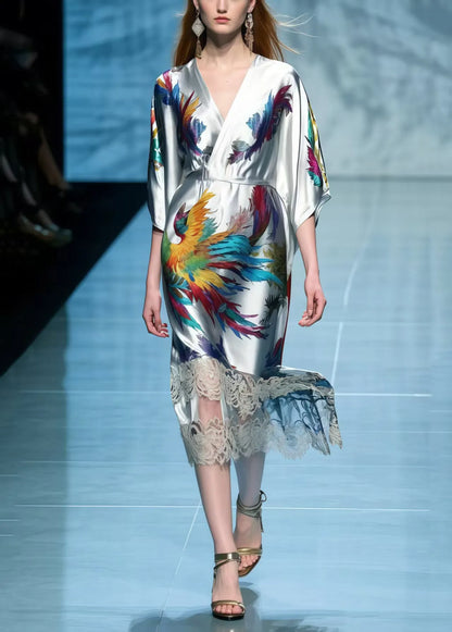 Simple Grey Phoenix Print Patchwork Lace Dress Summer