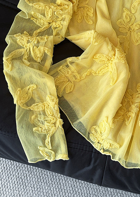 Slim Fit Yellow Embroidered Tulle T Shirt Fall