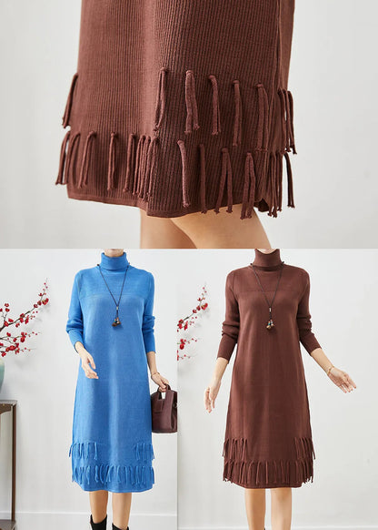 Blue Tasseled Patchwork Knit Long Dress Fall