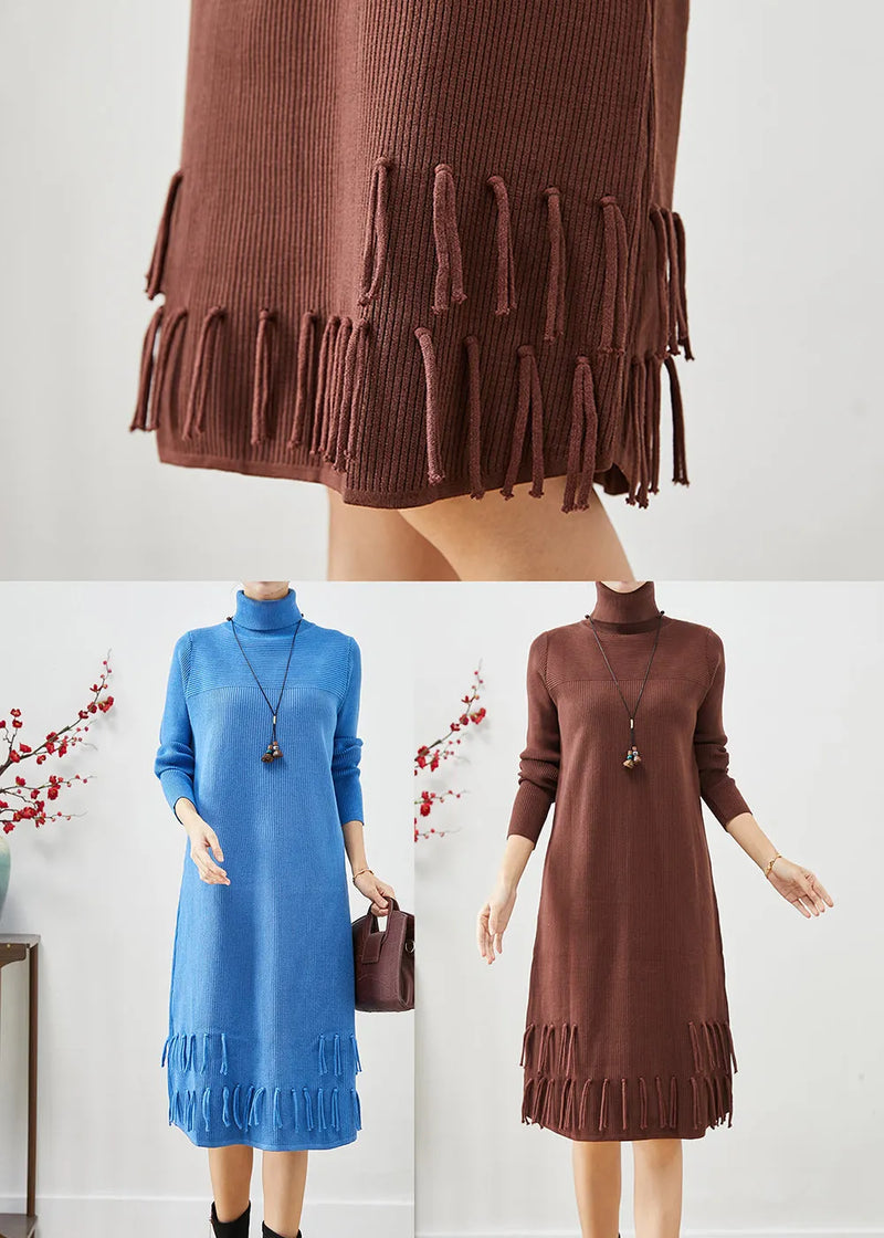Blue Tasseled Patchwork Knit Long Dress Fall