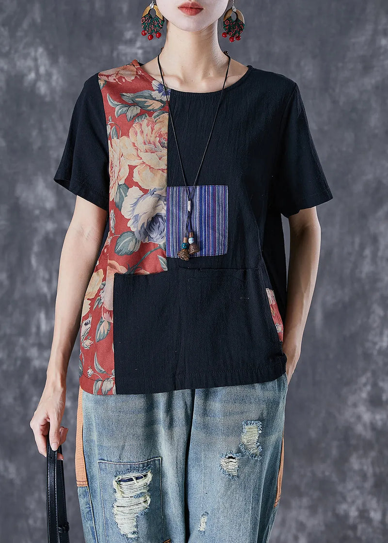 Black Oversized Patchwork Applique Cotton Tanks Summer