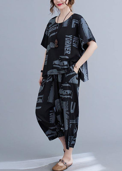 Black Print Crop Pants Two Pieces Set Summer