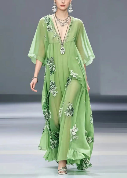 Light Green Print Chiffon Maxi Dress Exra Large Hem Summer