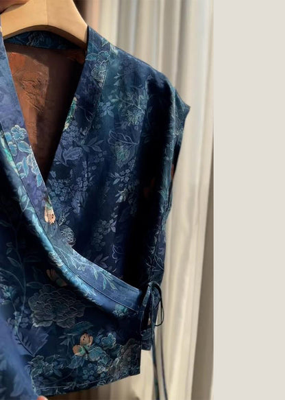 New Blue V Neck Print Lace Up Silk Shirt Summer