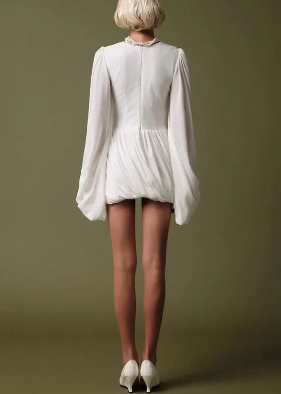 White Wrinkled Cotton Mini Dresses Lantern Sleeve