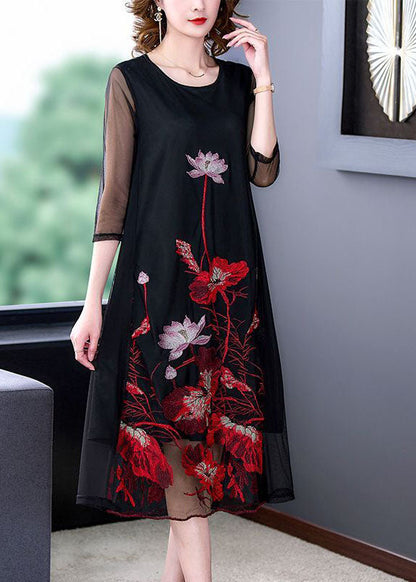 Black Embroideried Hollow Out Tulle Robe Dresses Bracelet Sleeve