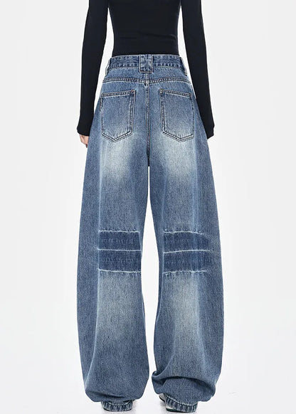 Blue Pockets Patchwork High Waist Denim Pants Spring
