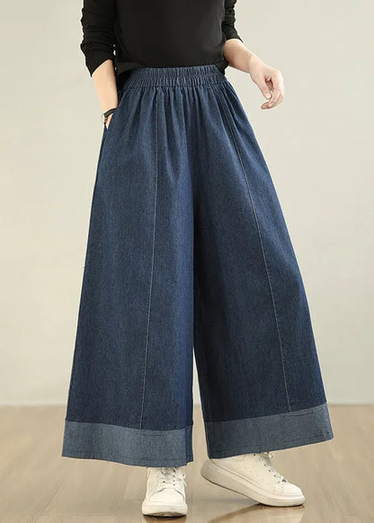Navy Patchwork Denim Straight Pants Oversized Summer