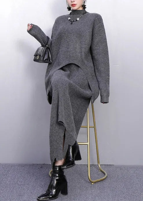 Grey High Neck Side Open Knit Two Pieces Set Winter