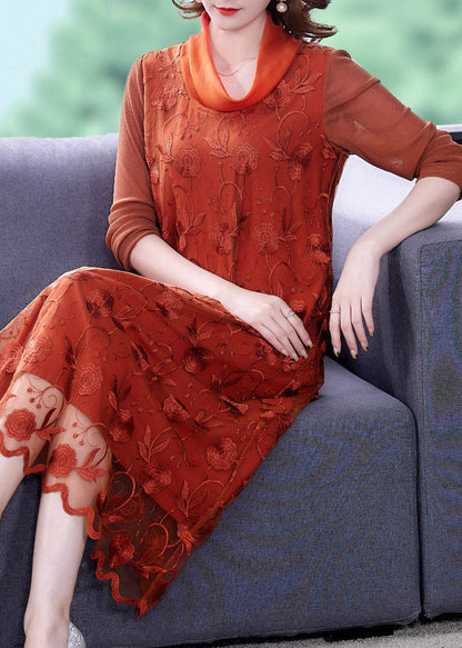 Stylish Orange Embroideried Tulle Long Dress Long Sleeve