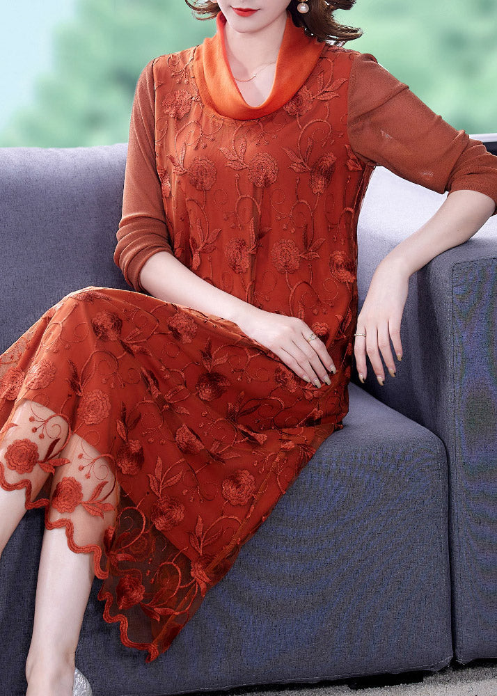 Stylish Orange Embroideried Tulle Long Dress Long Sleeve