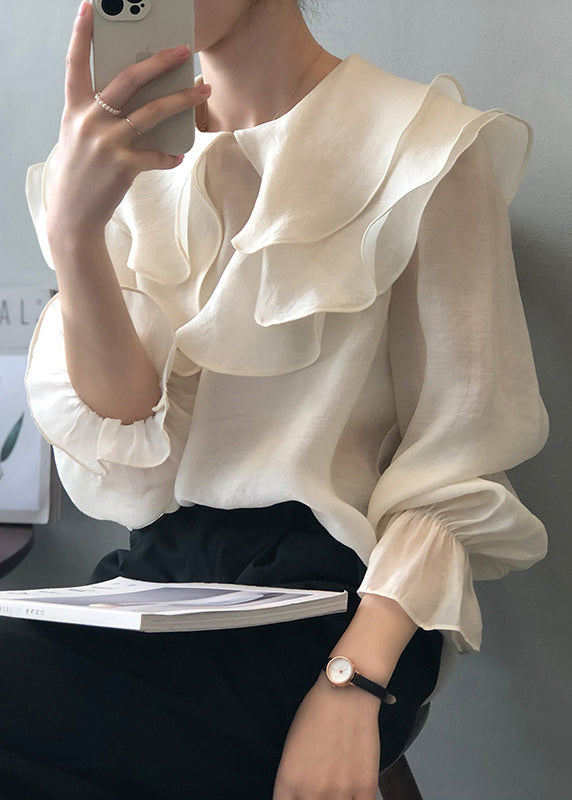 White Patchwork Thin Cotton Shirt Ruffled Long Sleeve