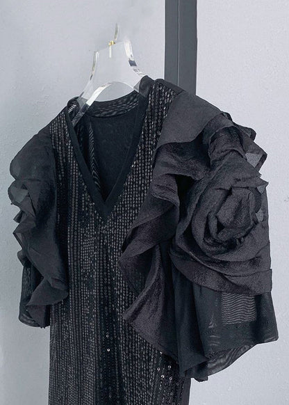Black V Neck Sequins Patchwork Chiffon T Shirt Summer