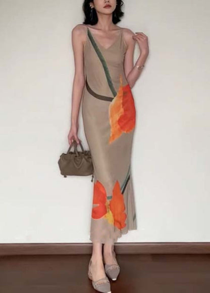Slim Fit V Neck Print Cotton Long Dress Sleeveless Summer