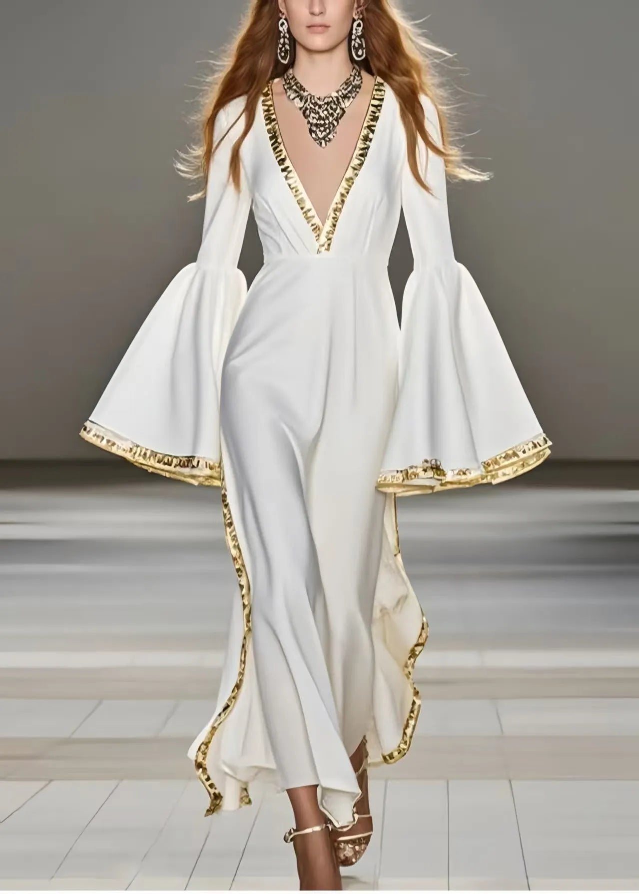 French White V Neck Patchwork Chiffon Party Dress Flare Sleeve