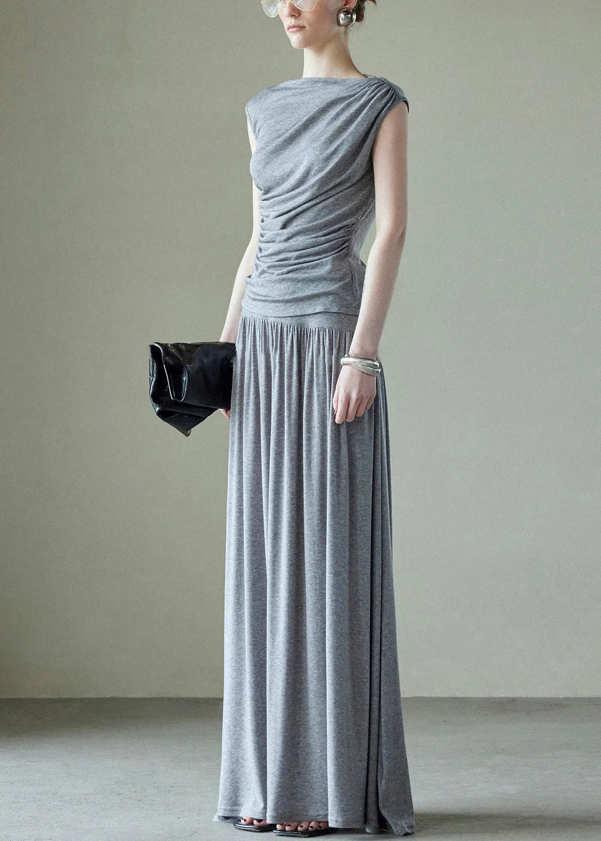 Grey Pockets Tops and Skirts Cotton Two Pieces Set Wrinkled Summer