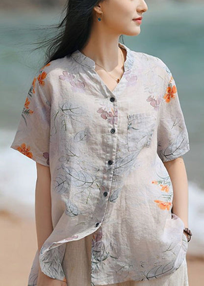 Purple Print Button Patchwork Linen Blouse Tops Summer