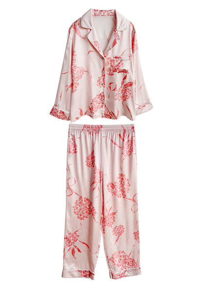 Pink Print Silk Shirts and Straight Pants Two Pieces Set Long Sleeve