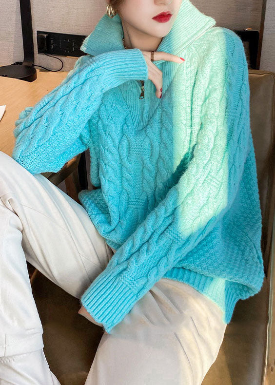 Natural Blue Zip Up Cozy Knitted Tops Spring