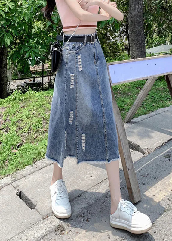 Modern Light Blue Patchwork Ripped a Line Denim Skirt