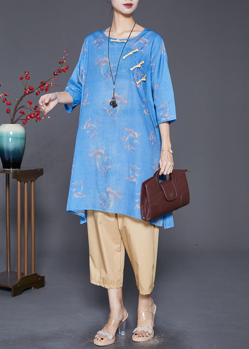 Blue Print Chinese Button Linen 2 Piece Outfit Fall