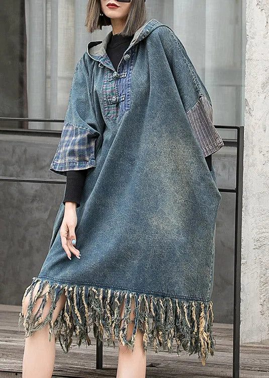 Blue Hooded Patchwork Tasseled Denim Dress Batwing Sleeve
