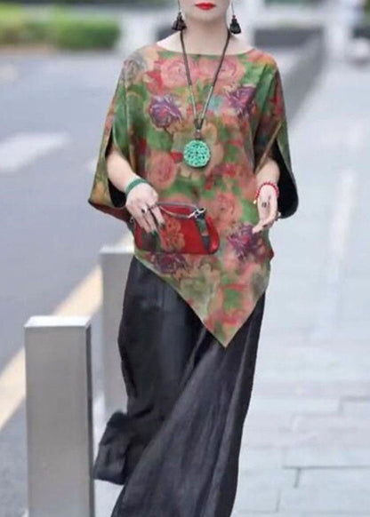 Green Asymmetrical Print Silk Shirt Tops Bracelet Sleeve